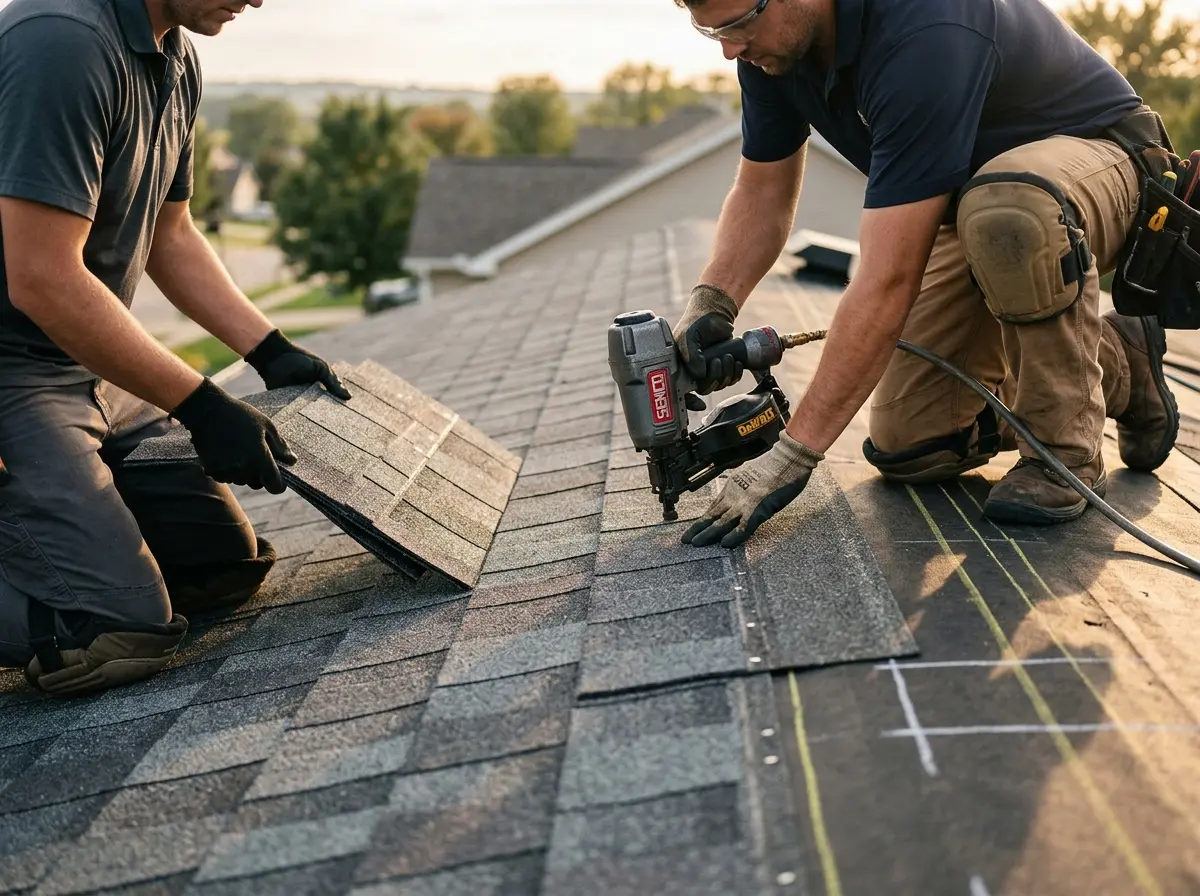 Professional roofer working on a residential roof in Barton